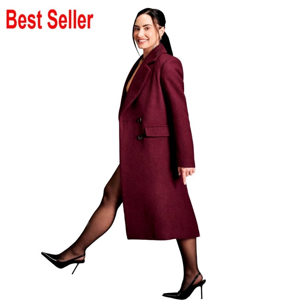Relaxed Fit Wool Blend Longline Coat Double Breasted Classic Elegant Chic